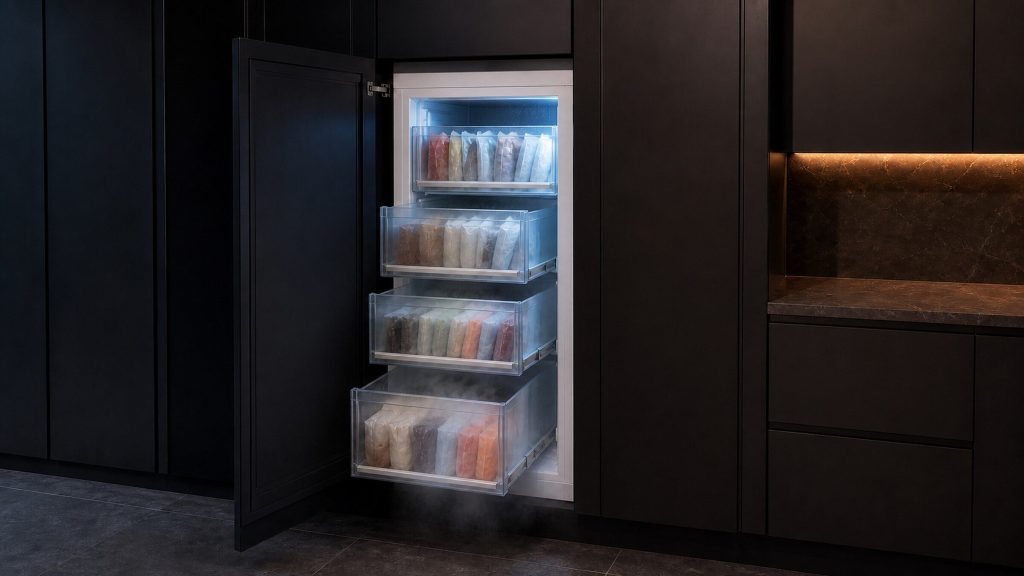A tall fully integrated freezer column standing open in a near-black kitchen run, seen straight on: four clear drawers pulled to different depths on their runners, wrapped frozen packets standing on edge inside them, cold blue-white light and a haze of vapour spilling over the lower drawer, dark stone worktop and amber under-cabinet light to one side.