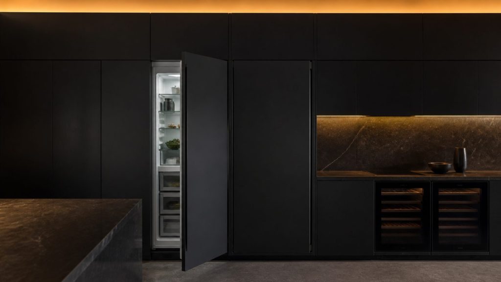 A continuous run of near-black kitchen joinery with two tall fully integrated refrigeration columns side by side behind matching cabinet fronts, one door standing slightly open with cold interior light spilling out, dark stone worktop and warm amber light above.