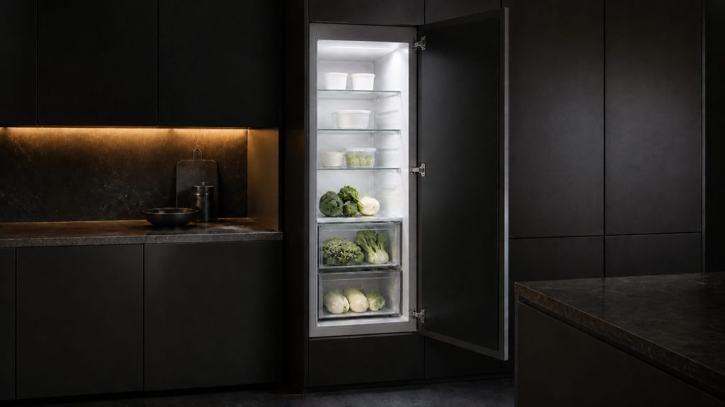 A tall fully integrated refrigerator column standing open in a near-black kitchen, its own cabinet front on the door, cold interior light on glass shelves holding a few plain containers and vegetables, dark stone worktop to the left and warm amber under-cabinet light beyond.