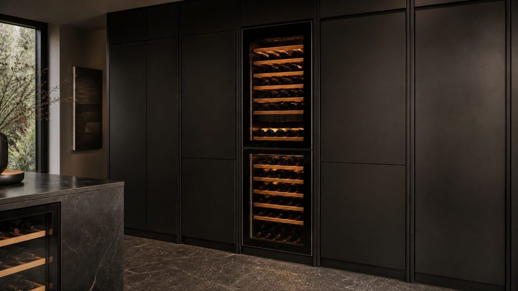 A tall wine cabinet with a full-height glass door standing in a run of near-black kitchen cabinetry, wooden shelves of bottles lit warm from within in two clearly separate zones, dark stone floor.
