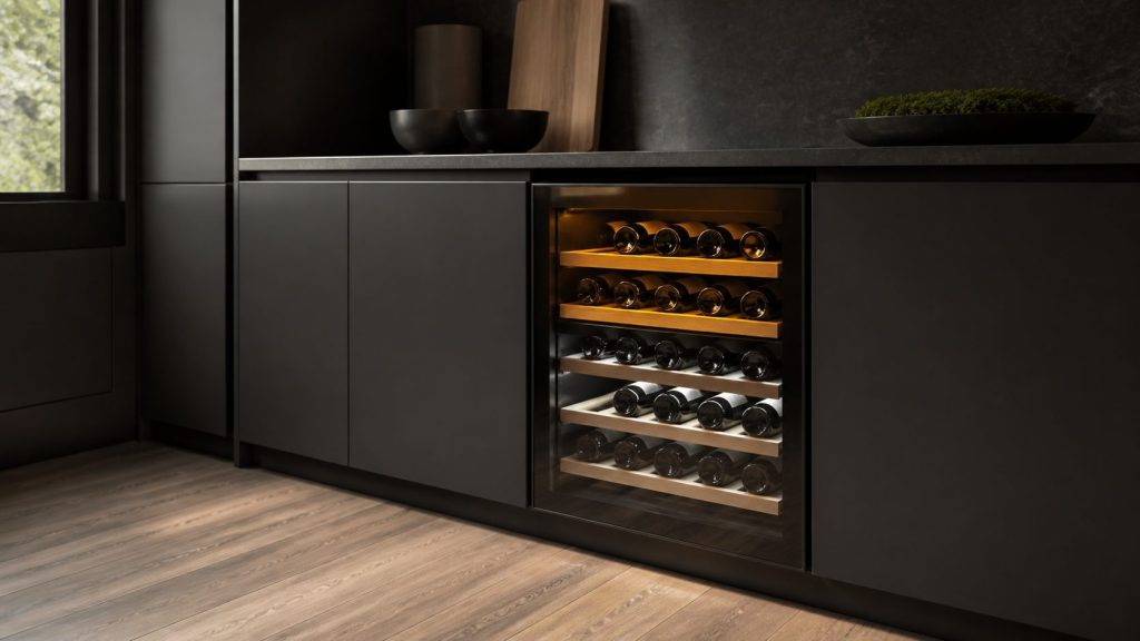 A built-in wine cooler cabinet with a glass door set into dark joinery, bottles lying on wooden runners inside, lit softly from within, two zones at visibly different light temperatures.