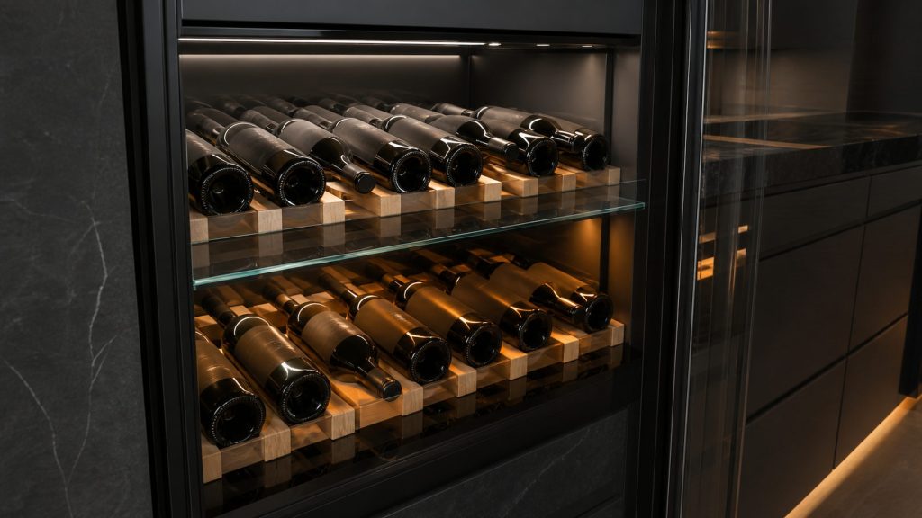 A close view into a wine cabinet showing two distinct temperature zones separated by a glass shelf, bottles lying on wooden runners, the upper zone lit slightly cooler and the lower warmer, condensation absent and the glass clear.