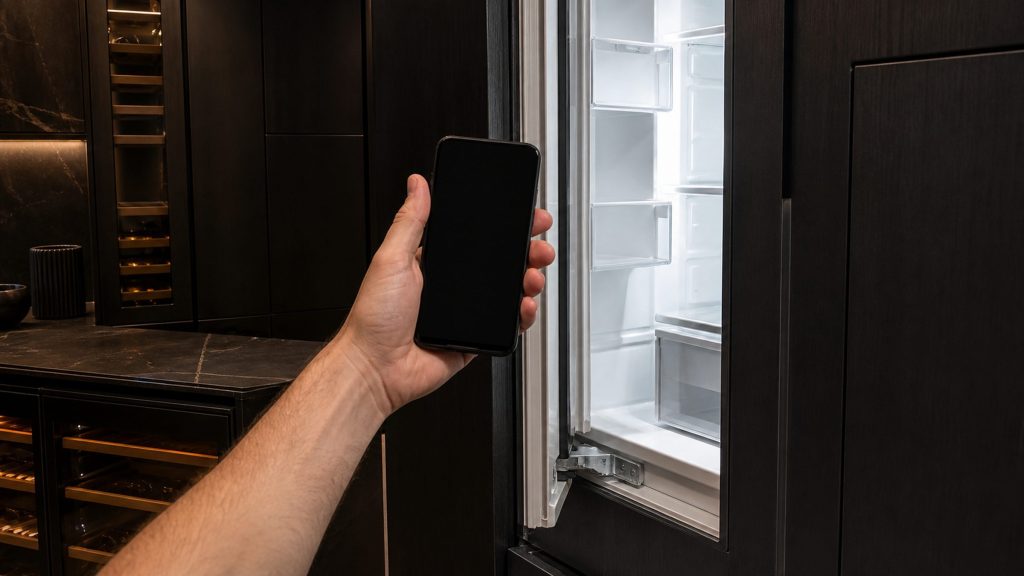 A hand holding a phone up to photograph the inside of a built-in refrigerator door jamb, the phone screen dark and empty, the cabinet interior lit cold behind it and near-black joinery around.