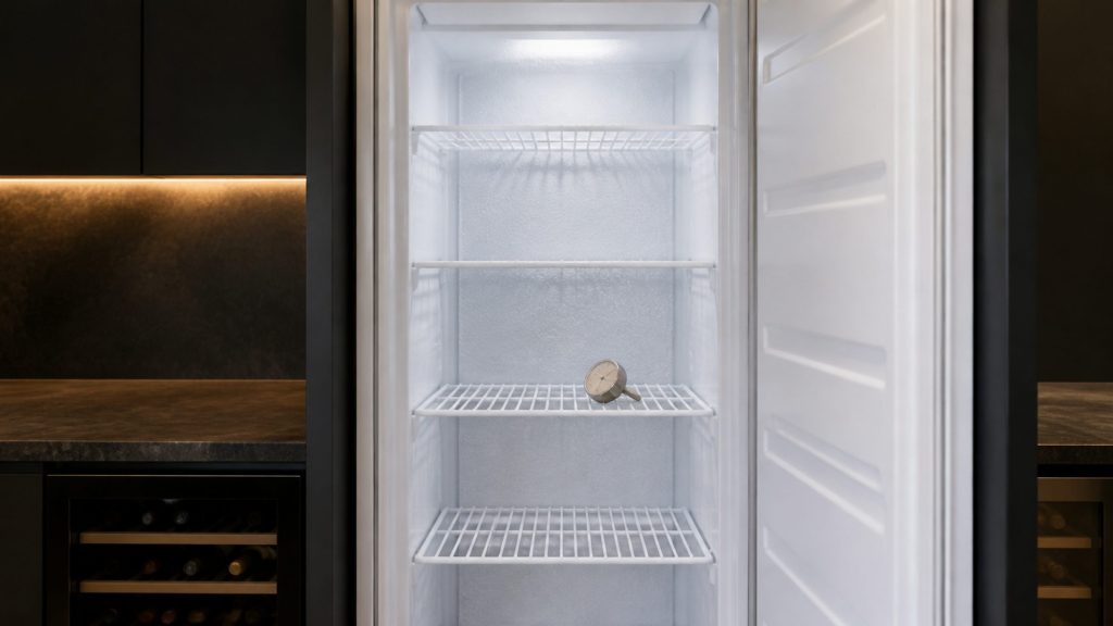 The inside of an empty new freezer compartment photographed cold and clean, white wire shelves and a thin bloom of frost just beginning on the rear wall, a small plain dial thermometer lying on the middle shelf with no readable numbers.