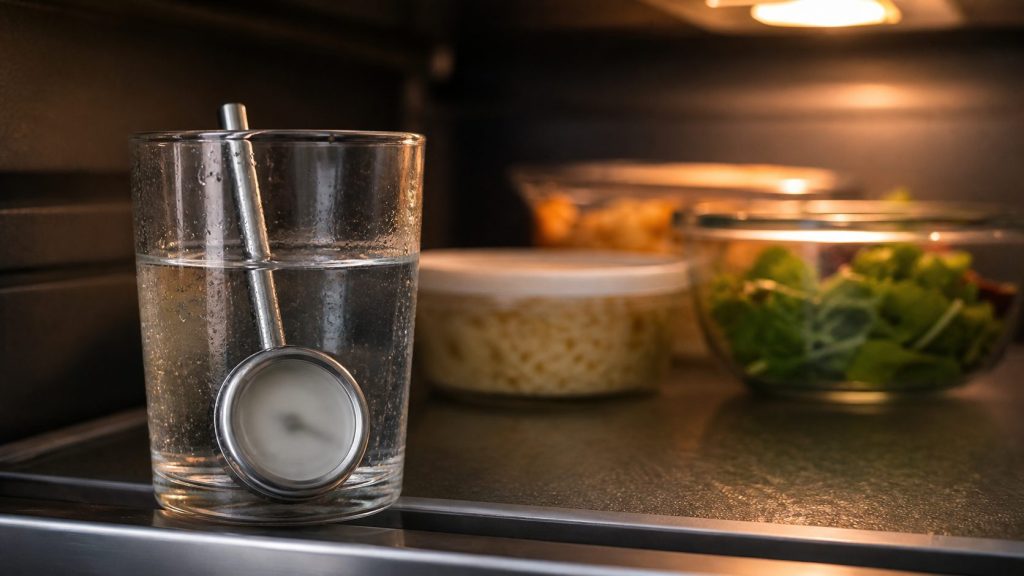 A small dial thermometer standing in a glass of water on a refrigerator shelf, other food out of focus behind it.