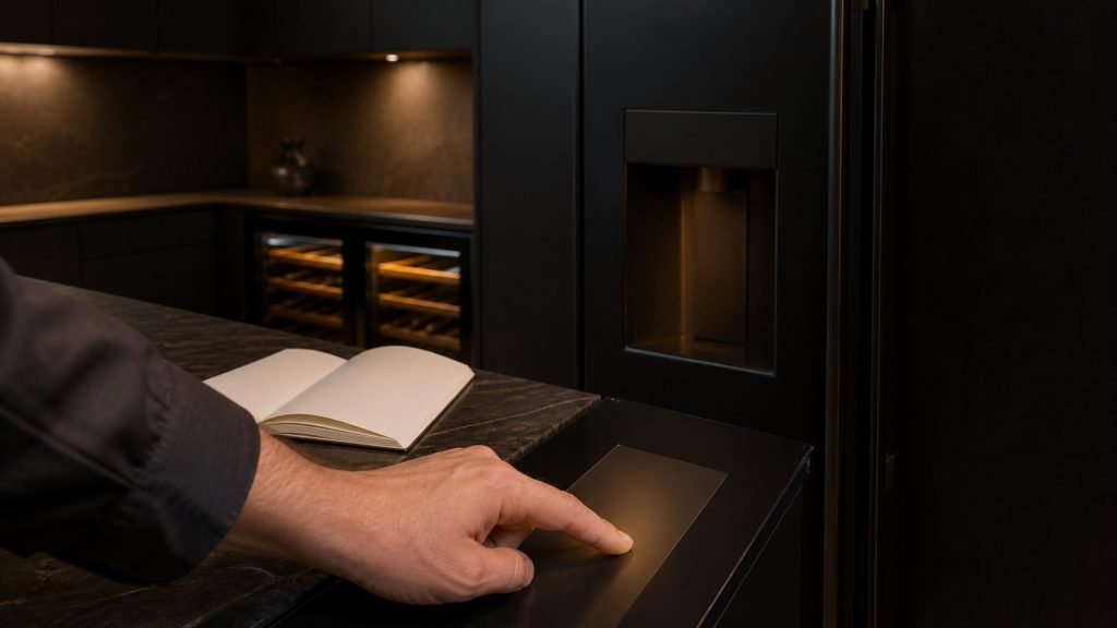 A fingertip resting on the control surface of an appliance in a dark kitchen, the panel glowing softly and unreadably, a notebook open on the worktop beside it with a blank page.