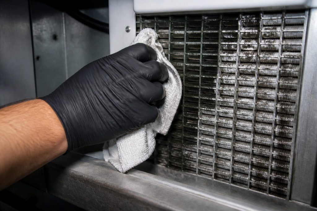 A gloved hand wiping a cloth down the vertical grid of an undercounter ice machine's evaporator plate, dull white mineral scale still visible in the cells that have not been reached yet, the plate bare of ice.