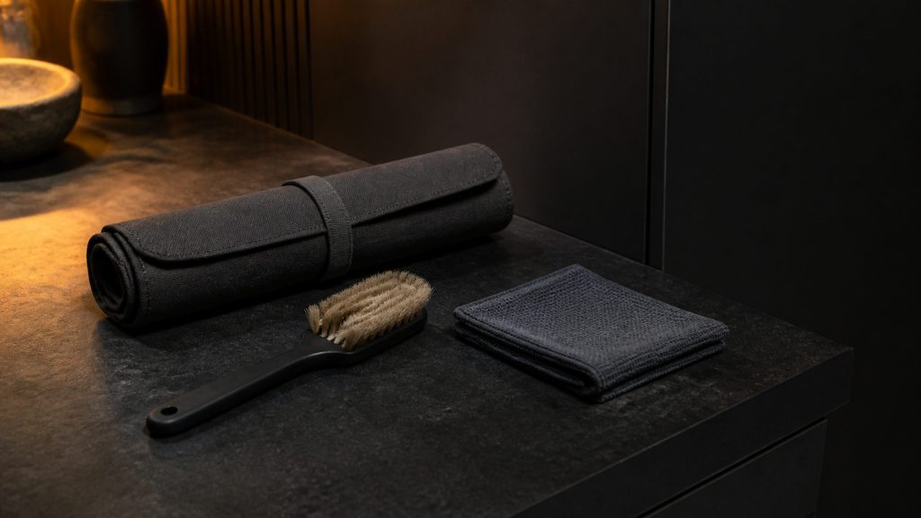 A tool roll, a soft brush and a folded microfiber cloth laid on a dark stone worktop beside a tall integrated cabinet, warm low light.