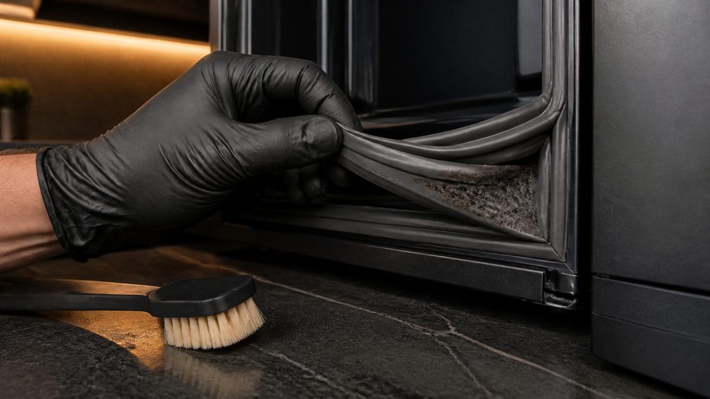 A close view of the folded rubber seal on a refrigerator door showing dark discoloration in the fold, a gloved hand holding the fold open, a soft brush beside it.