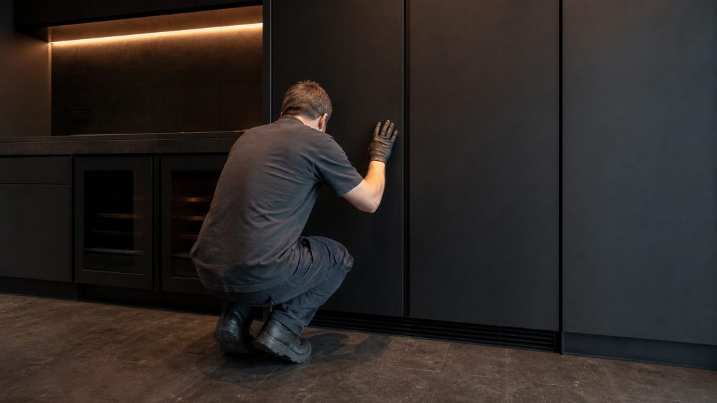 A technician crouched at the base of a tall integrated refrigeration column in a near-black kitchen, one gloved hand flat on the cabinet front and their head turned away from the camera, listening.