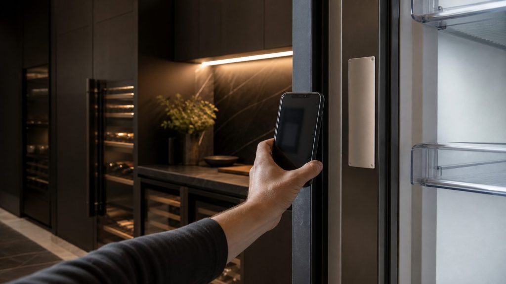 A hand holding a phone up to photograph a blank stainless plate inside the door frame of a tall refrigerator, the cabinet interior lit.