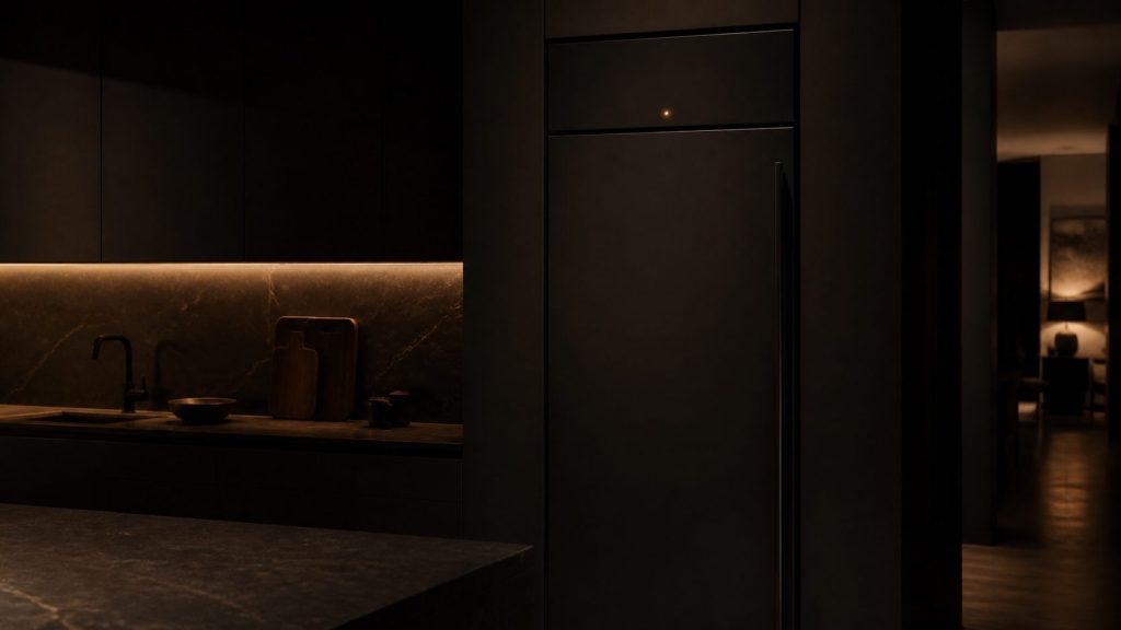 A dark kitchen at night with a tall integrated refrigerator, a small indicator glowing on its control area, everything else in shadow.