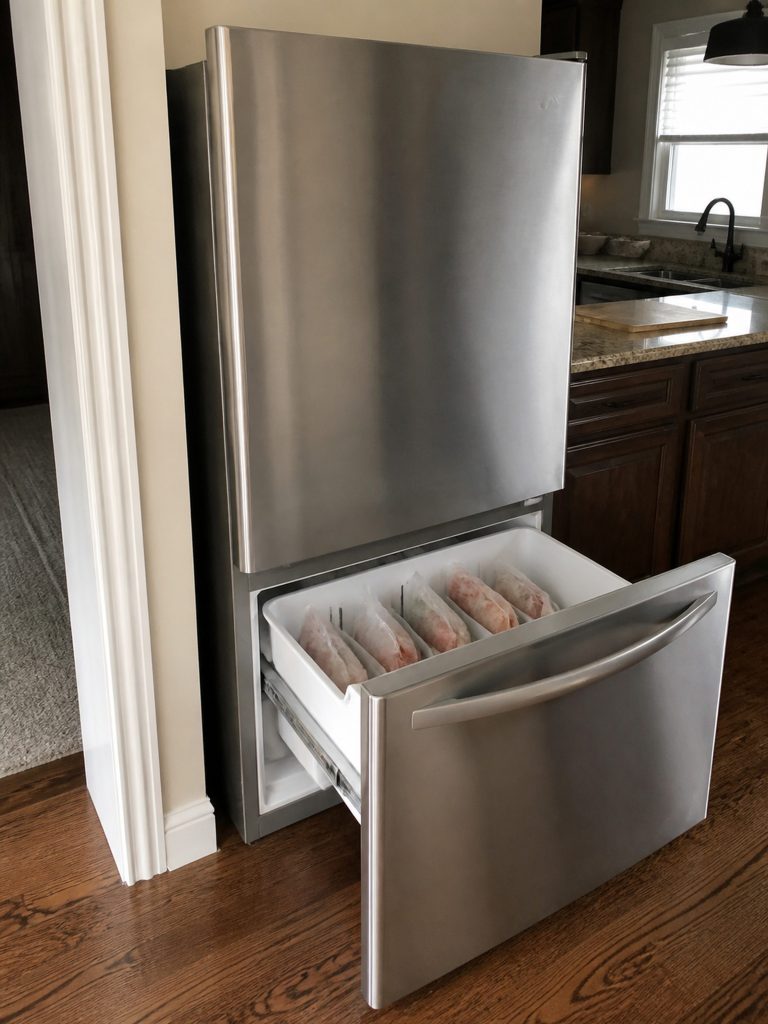 A bottom-mount refrigerator with the lower freezer drawer pulled fully out on its runners, packets standing on edge in the basket, the fridge door above closed