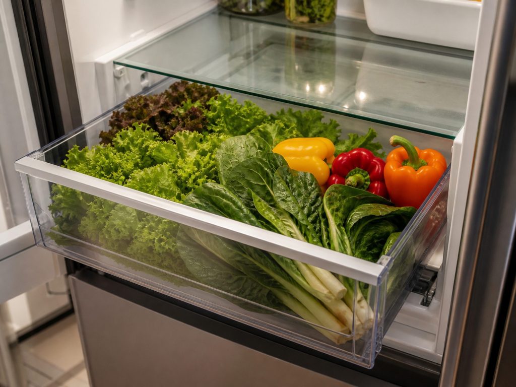 A wide humidity-controlled crisper drawer pulled out of a counter-depth refrigerator, filled with greens and peppers, the shelf glass above it catching the interior light