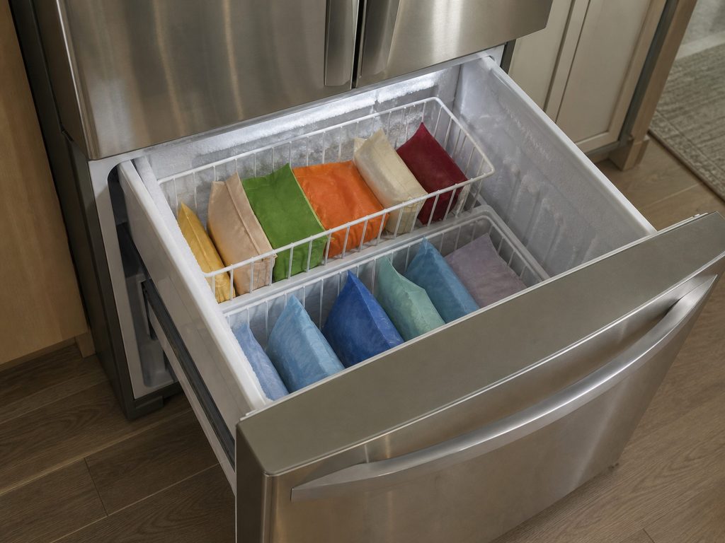 The lower freezer drawer of a French door refrigerator open, two wire baskets stacked inside with frozen packets standing upright, frost light on the walls