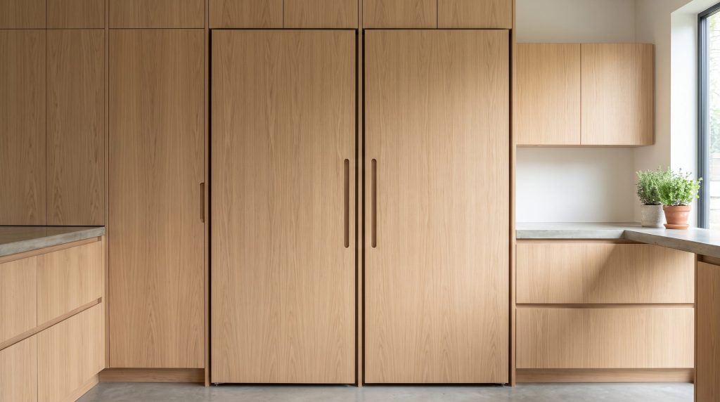 A pair of tall integrated refrigerator columns behind pale oak cabinet fronts, both closed and flush with the run, given away only by the shadow gaps between the panels
