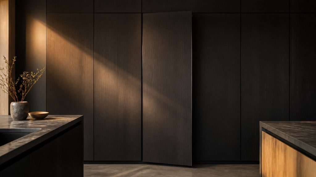 A near-black cabinet run in a dark kitchen, one tall front standing slightly proud where an integrated refrigerator sits behind it, warm amber light raking down the joinery.