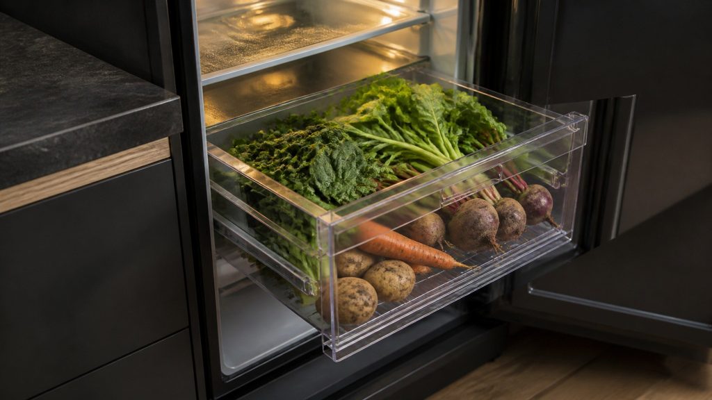 A clear crisper drawer pulled fully out of a refrigerator on its runners, greens and root vegetables inside, the glass shelf above catching the interior light.