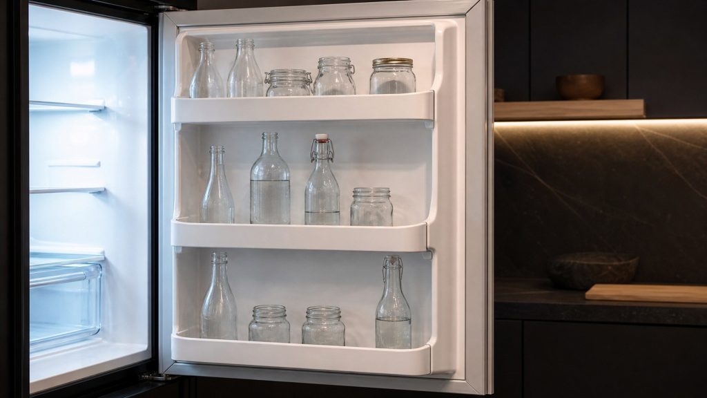 The inner face of an open refrigerator door, three moulded bins holding tall glass bottles and jars, cold interior light from the left.
