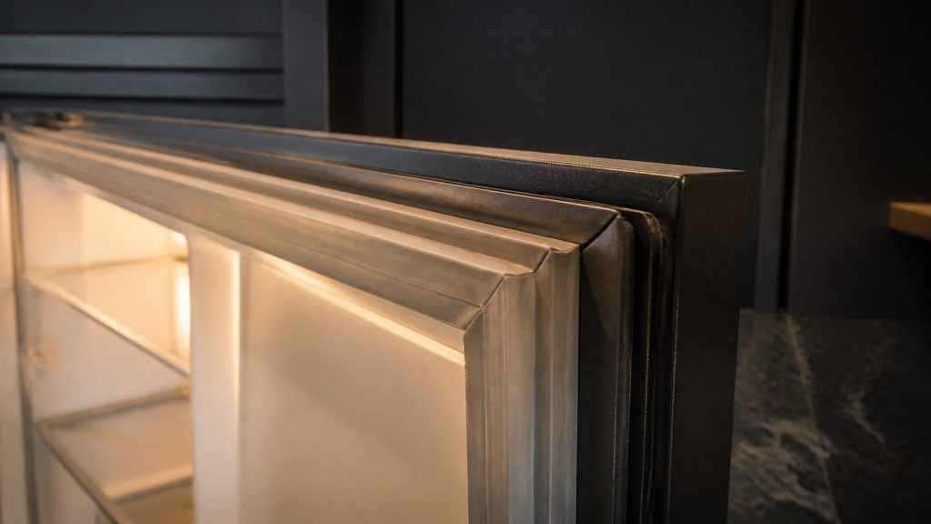 A close view along the magnetic gasket around the inner edge of an open refrigerator door, soft rubber lit from inside the cabinet.