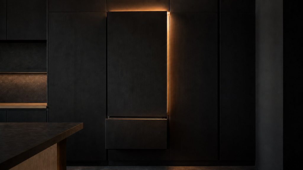 A tall integrated refrigerator with its lower freezer drawer standing a hand's width open in a near-black cabinet run, amber light from above catching the drawer edge, cold vapour just visible at the gap.
