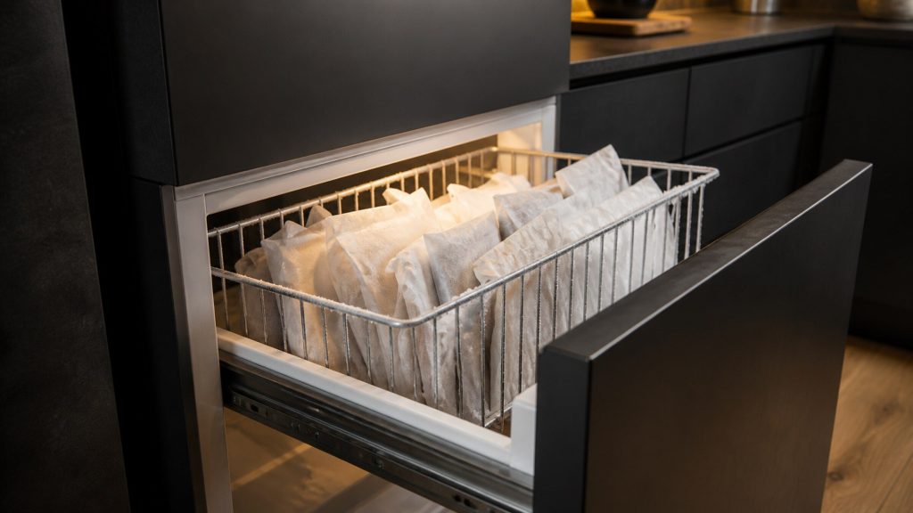 A pulled-out freezer basket in the lower drawer of a refrigerator, wrapped parcels standing on edge, frost light on the basket wires.