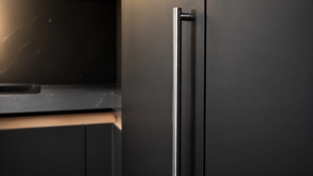 A tight view of a long brushed steel handle running down the front of a dark refrigerator door, the cabinet edge and a stone worktop out of focus behind.