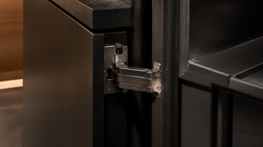 The heavy hinge of a refrigerator door, the door swung wide, brushed metal against a near-black cabinet edge, warm side light.
