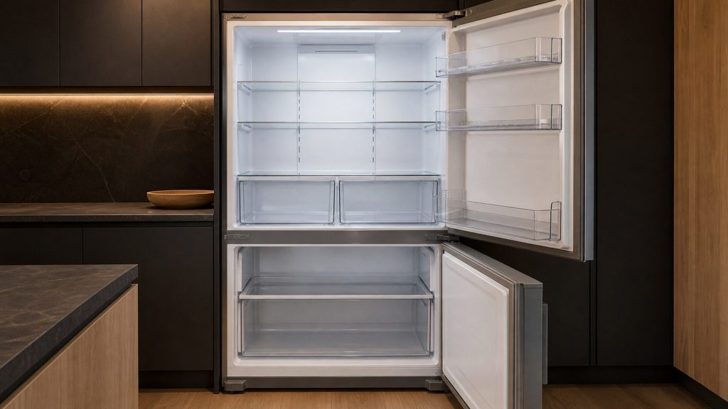The empty interior of a bottom-freezer refrigerator after cleaning, bare glass shelves and clear drawers, even cool light, nothing inside.