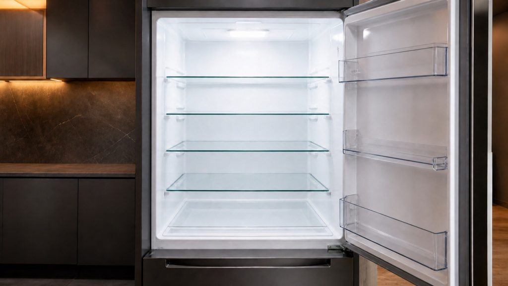 Looking into the lit interior of a bottom-freezer refrigerator, four glass shelves empty and clean, cool white interior light against the dark kitchen beyond.