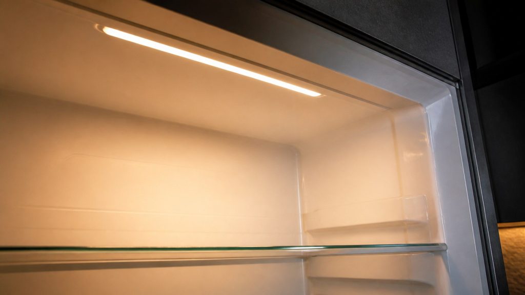 The lit strip along the top of a refrigerator interior seen from below, light falling down the white liner and across a glass shelf.