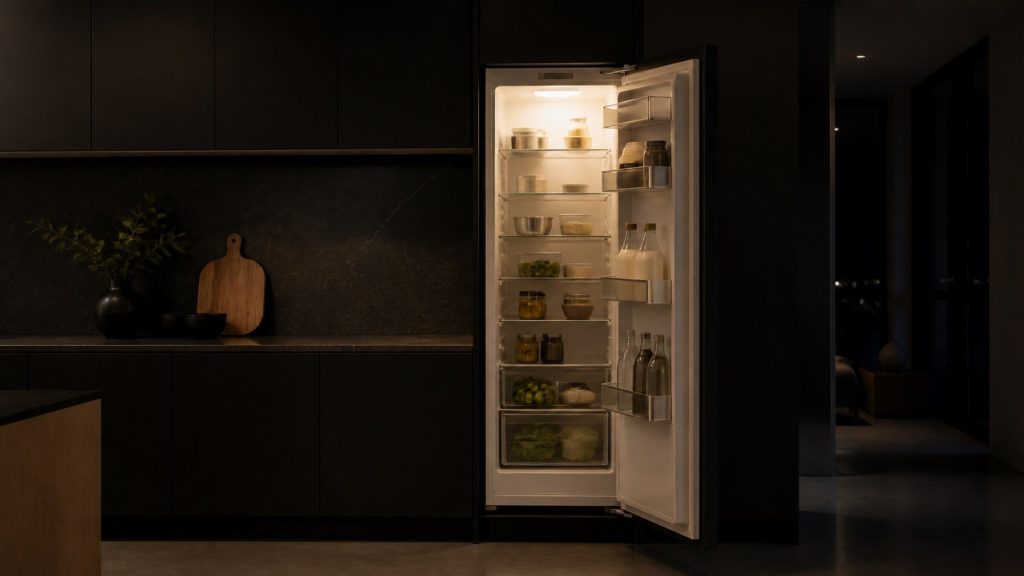 A tall refrigerator standing open in a dark kitchen at night, its interior light the only source, the stone worktop and near-black cabinets falling into shadow.
