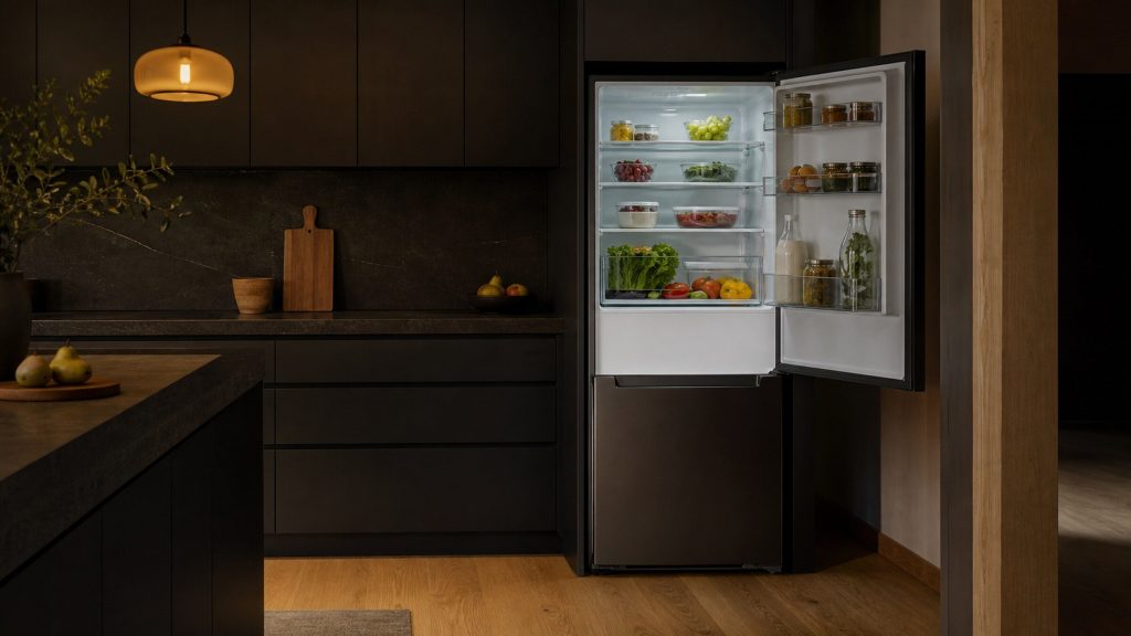 A bottom-freezer refrigerator standing open at the end of a dark kitchen run, food on the shelves, warm amber pendant light overhead.