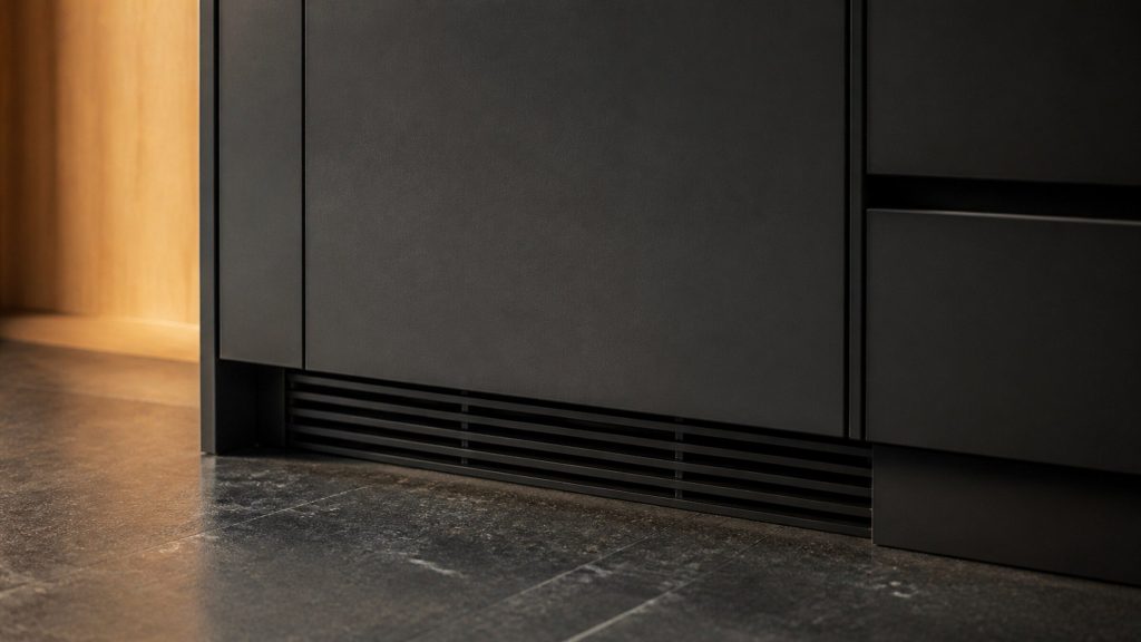 A ventilation grille in the plinth beneath a built-in refrigerator, dark metal louvres just above a dark stone floor, warm light from one side.