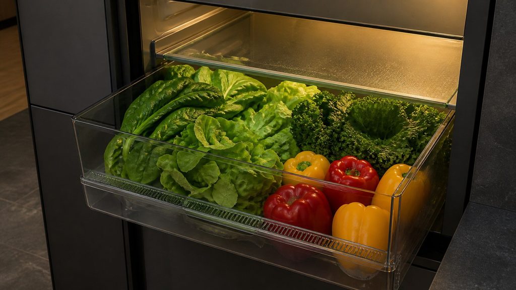 A humidity drawer filled with leaves and peppers seen from just above the open drawer front, the shelf glass above it lit.