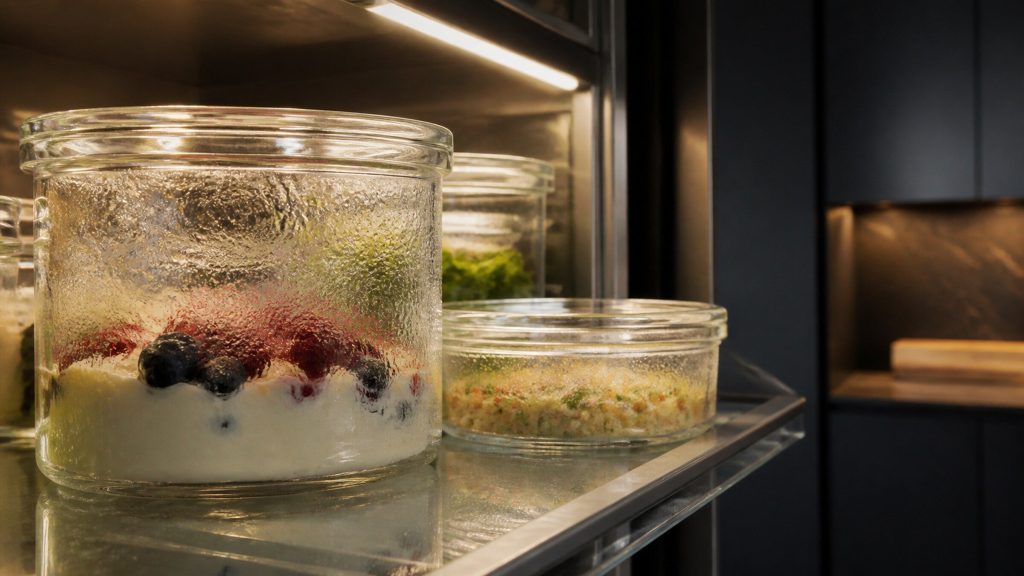Glass jars and covered dishes standing on a lit glass refrigerator shelf, condensation on the nearest jar, dark cabinetry beyond.
