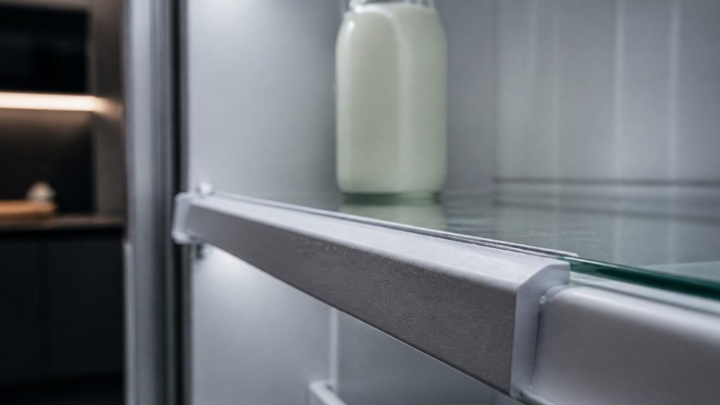 The moulded rail along the front edge of a refrigerator glass shelf, seen close, cold interior light, a bottle standing behind it out of focus.