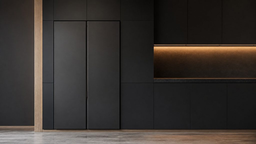 A tall two-door refrigerator standing closed and flush in a near-black cabinet run, amber light along the worktop, nothing else in the kitchen.