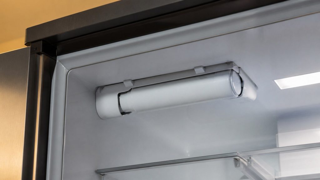 A cylindrical water filter cartridge seated in its bay inside the top of a refrigerator compartment, cool interior light, no markings anywhere.