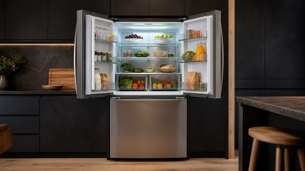A French door refrigerator with both upper doors held wide, glass shelves stocked with food under cool even light, dark cabinetry either side.