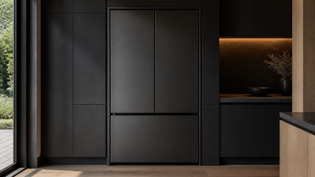 A French door refrigerator standing closed and trimmed flush into a near-black cabinet run, the two upper doors meeting on a fine center line.