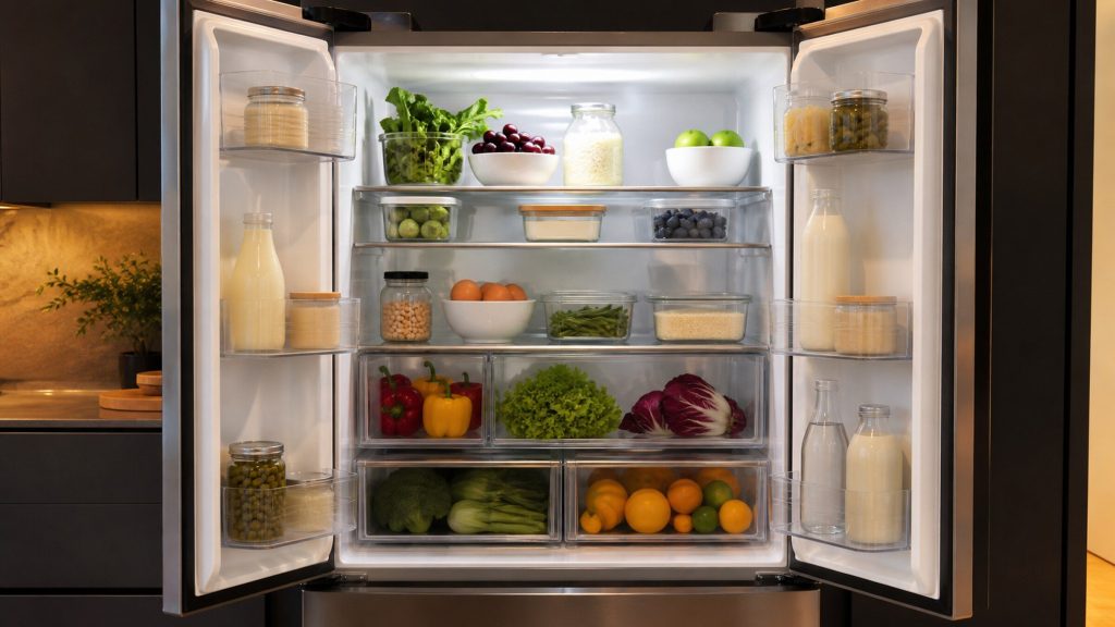 Looking into the stocked interior of a French door refrigerator from just outside the open doors, full-width glass shelves and a lit white liner.