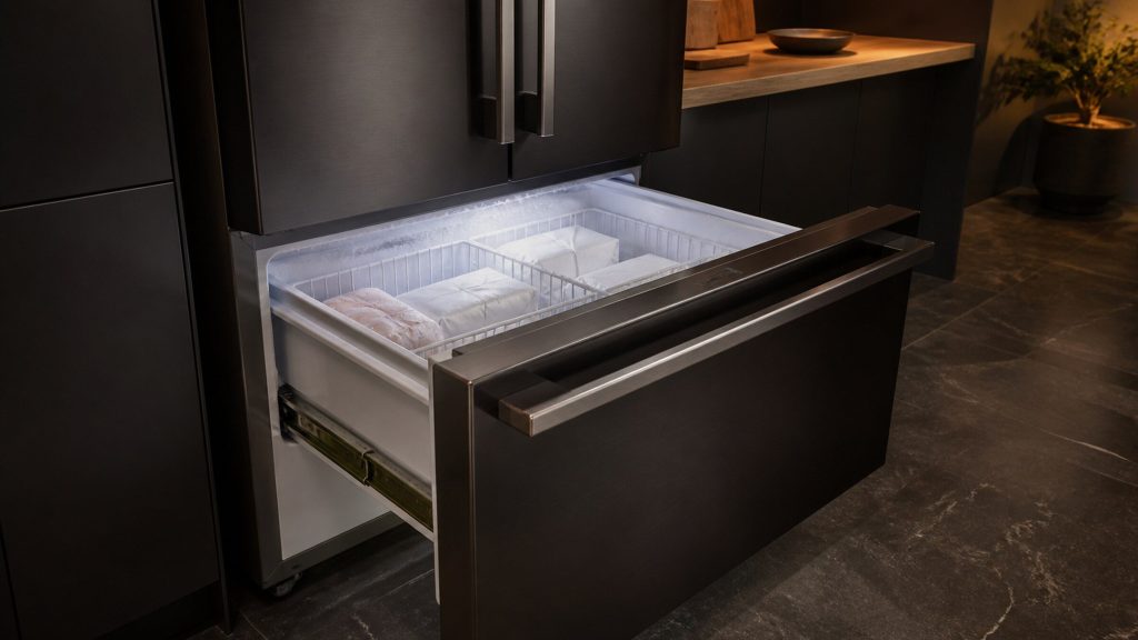The lower freezer drawer of a French door refrigerator drawn fully out on its runners, wire baskets of wrapped parcels inside, frost light on the walls.