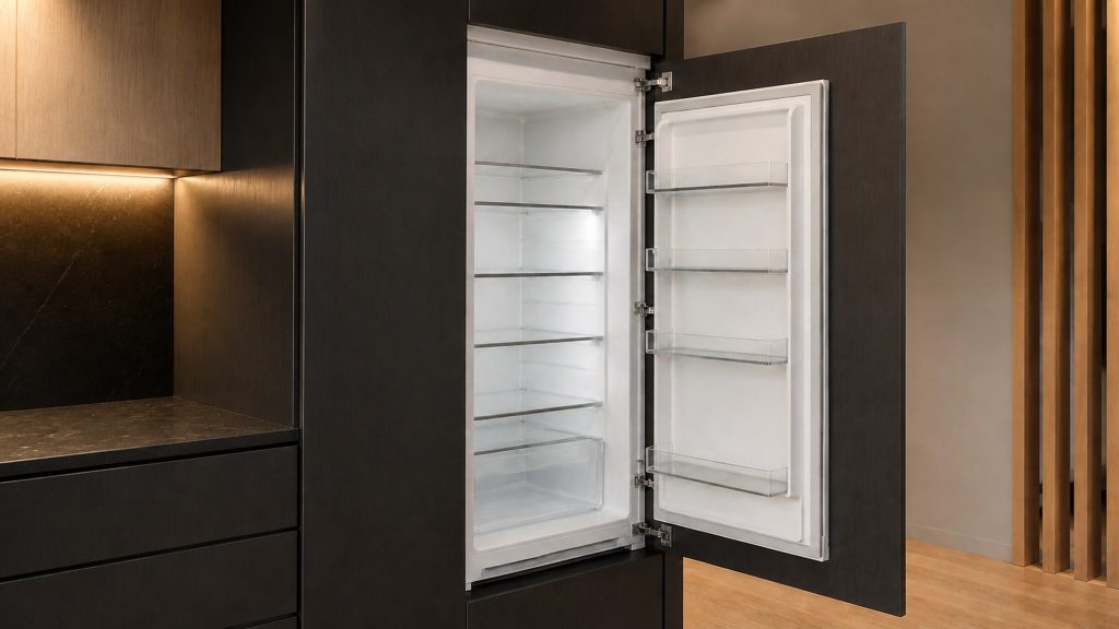 A fully integrated refrigerator revealed behind a cabinet door swung wide, the appliance's own white liner and glass shelves bright against dark joinery.