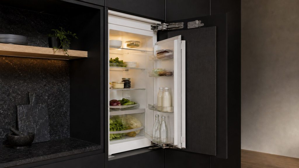 An integrated refrigerator column open on its furniture hinge, the cabinet front carried on the door, the mechanism visible at the top edge.