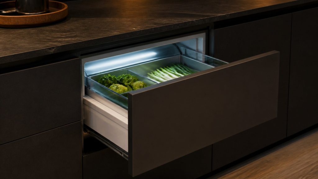 A refrigerated drawer sliding out from under a dark stone worktop, its cold interior lit, dark cabinetry either side.