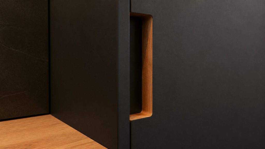 A recessed finger pull routed into a dark cabinet front, a hand's width of shadow inside it, warm light along the timber.