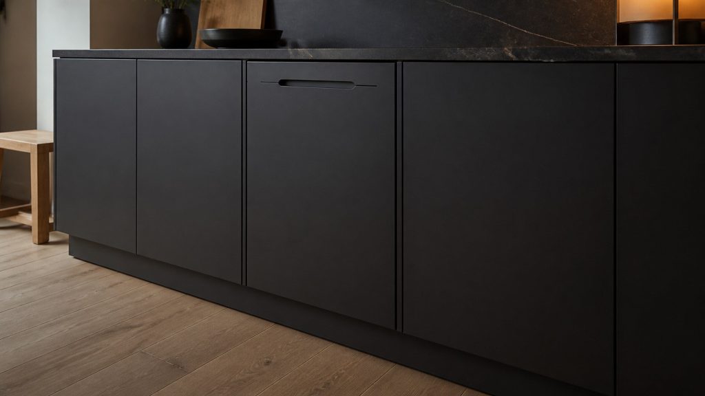 An undercounter refrigerator finished flush in a run of near-black base cabinets, only the shadow gap and a recessed pull giving it away, dark stone worktop above.