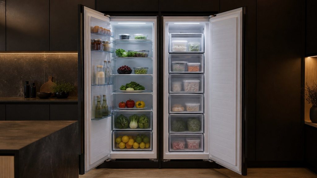 Two tall refrigeration columns standing open side by side, one stocked with food on glass shelves and the other on frosted baskets, cold light from both against a dark kitchen.