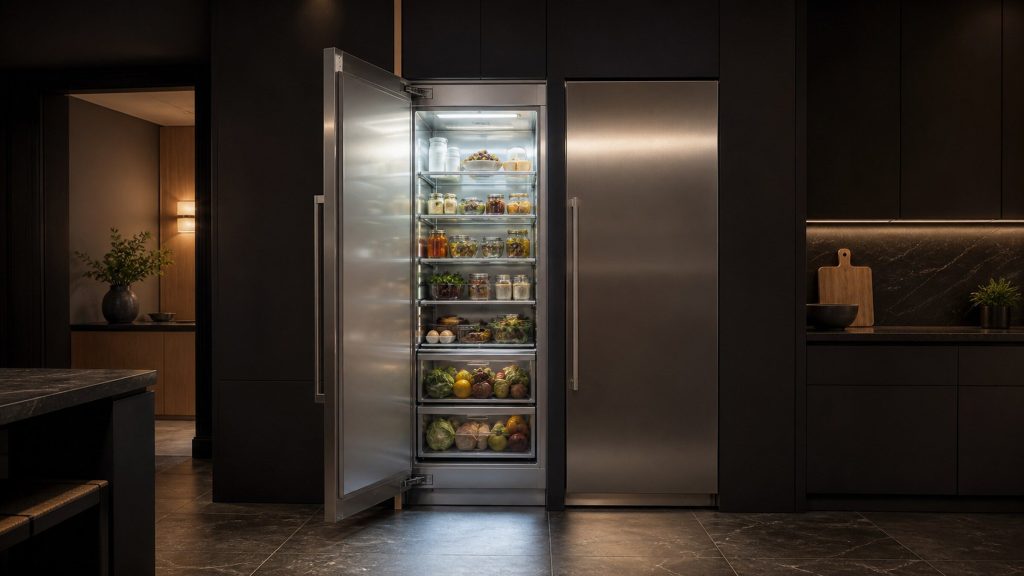 Two tall stainless refrigeration columns standing side by side in a dark kitchen, the left one open on lit glass shelves stocked with food and the right one closed, cold interior light spilling onto a dark stone floor.